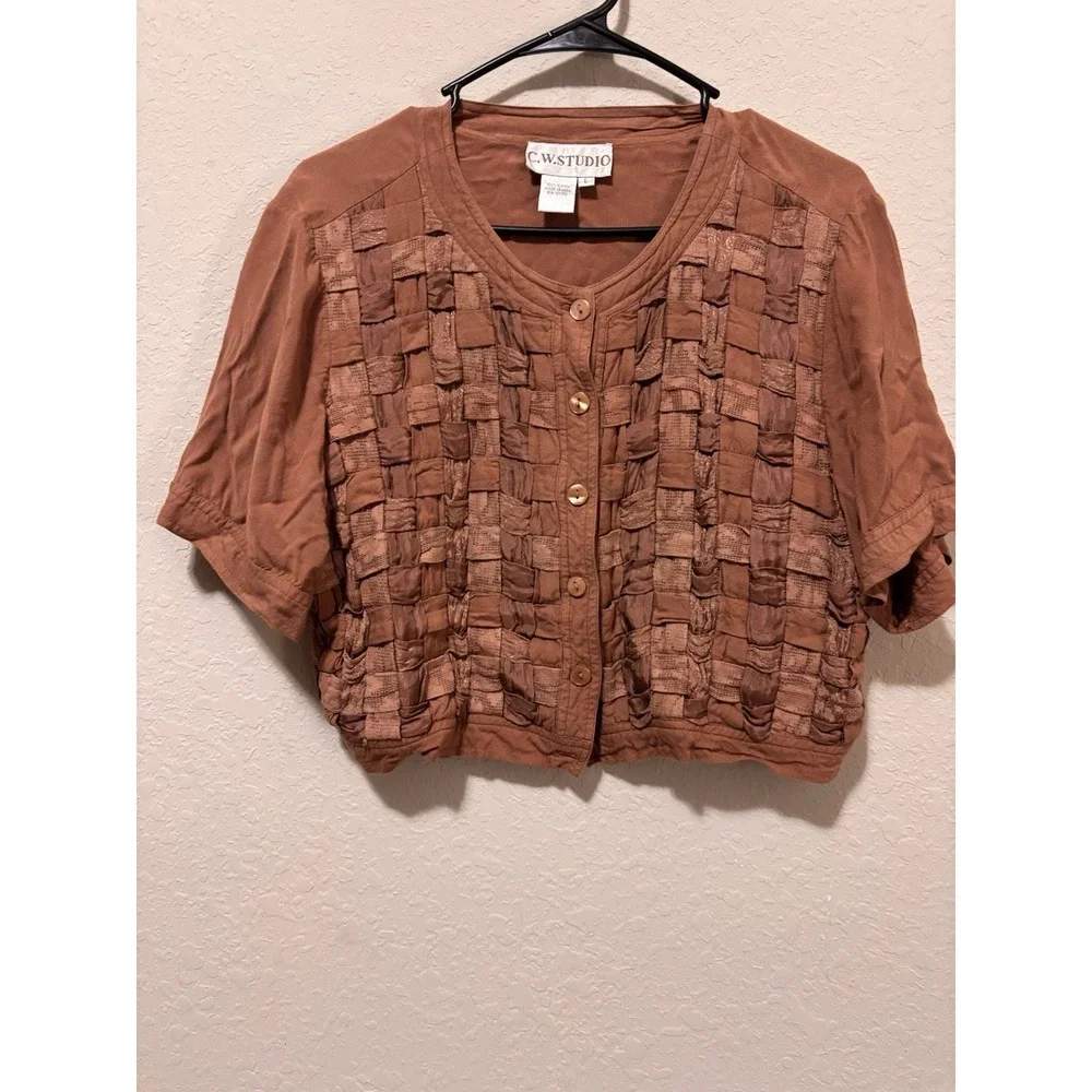 Whimsigoth Boho Smocked Crop Top Rust Brown Basketweave Shirt Y2K Style Women L - Picture 8 of 14